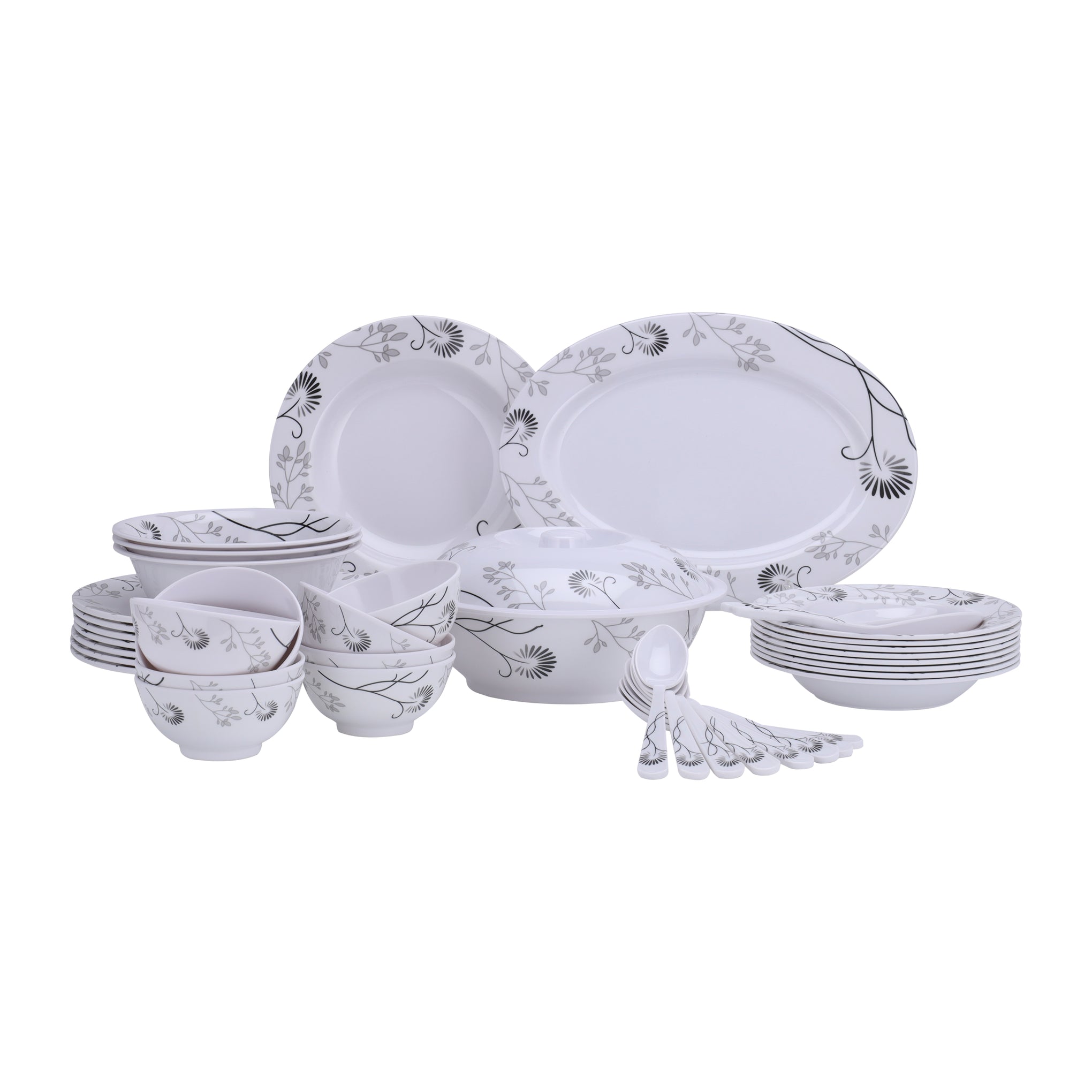 Delcasa 40 Piece Melamineware Dinner Set | Includes Oval Plate, Deep Plates, Round Bowls, Soup Plates, Bowls, Rice Spoons and Table Spoons| Dishwasher-Safe and Freezer-Friendly| Eco-Friendly and Food-Grade| Black Floral BLACK FLORAL
