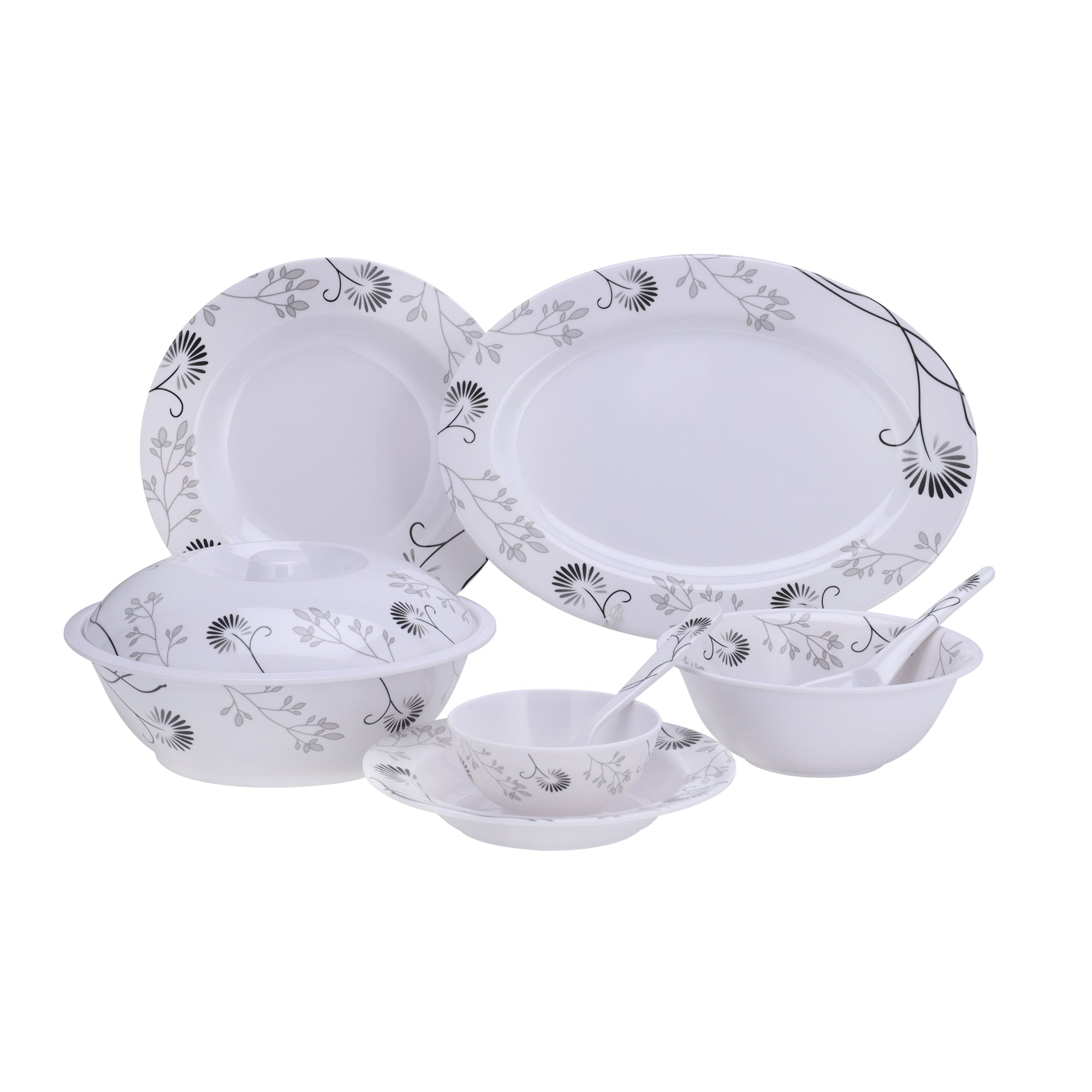 Delcasa 40 Piece Melamineware Dinner Set | Includes Oval Plate, Deep Plates, Round Bowls, Soup Plates, Bowls, Rice Spoons and Table Spoons| Dishwasher-Safe and Freezer-Friendly| Eco-Friendly and Food-Grade| Black Floral BLACK FLORAL
