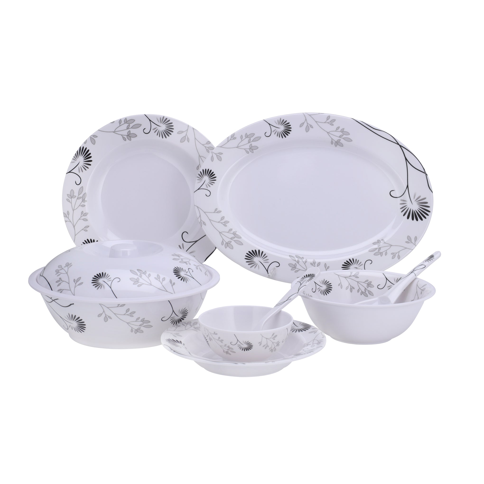 Delcasa 40 Piece Melamineware Dinner Set | Includes Oval Plate, Deep Plates, Round Bowls, Soup Plates, Bowls, Rice Spoons and Table Spoons| Dishwasher-Safe and Freezer-Friendly| Eco-Friendly and Food-Grade| Black Floral BLACK FLORAL
