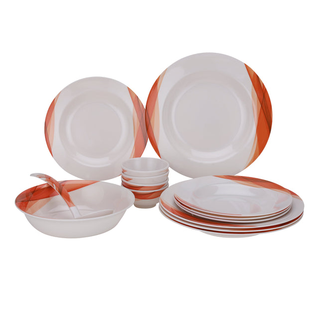 Delcasa 14 Piece Orange Ocean Melamineware Dinner Set- DC2151| Includes Soup Plates, Serving Bowls, Round Bowls and Soup Spoon| Dishwasher-Safe and Freezer-Friendly| Eco-Friendly and Food-Grade| White and Orange
