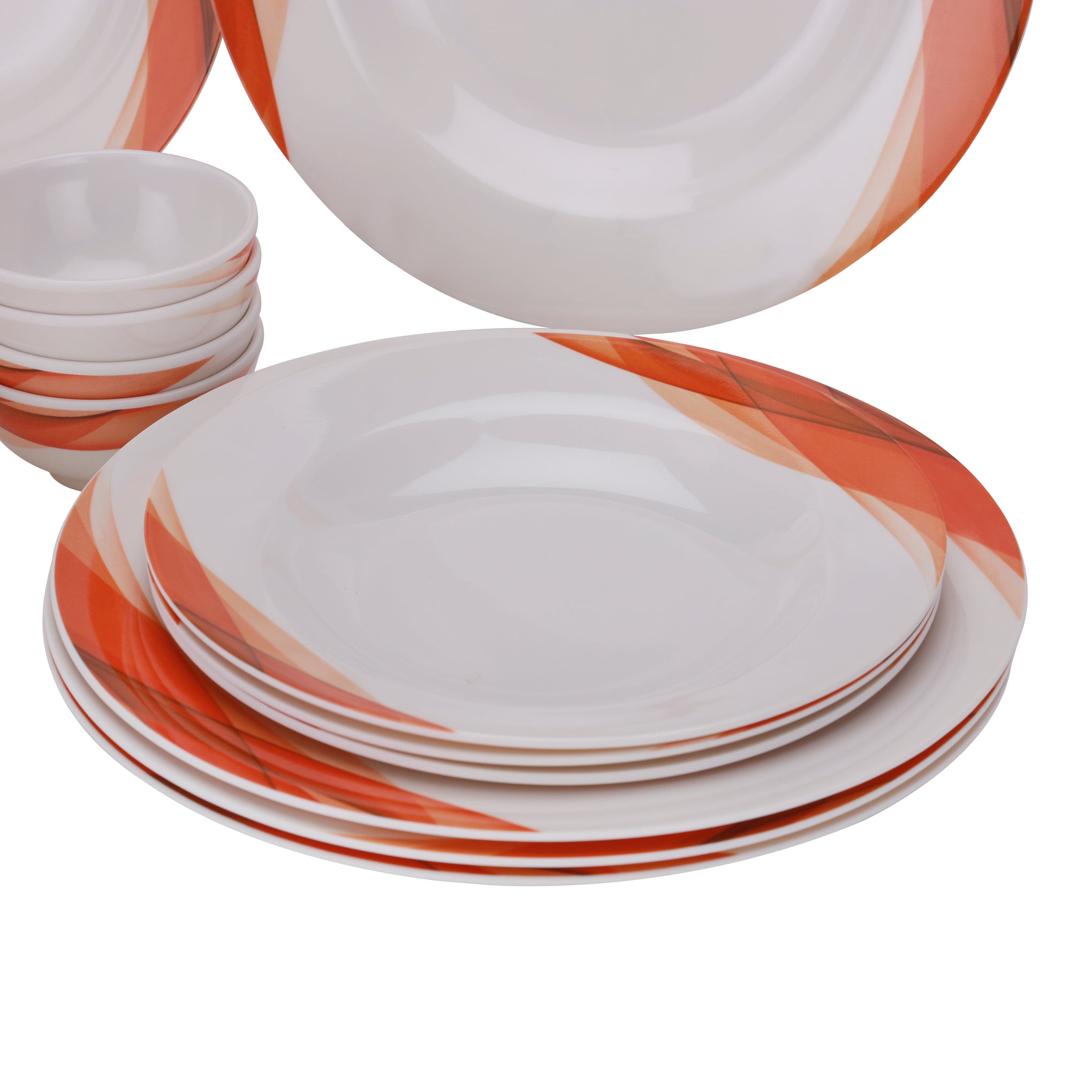 Delcasa 14 Piece Orange Ocean Melamineware Dinner Set- DC2151| Includes Soup Plates, Serving Bowls, Round Bowls and Soup Spoon| Dishwasher-Safe and Freezer-Friendly| Eco-Friendly and Food-Grade| White and Orange