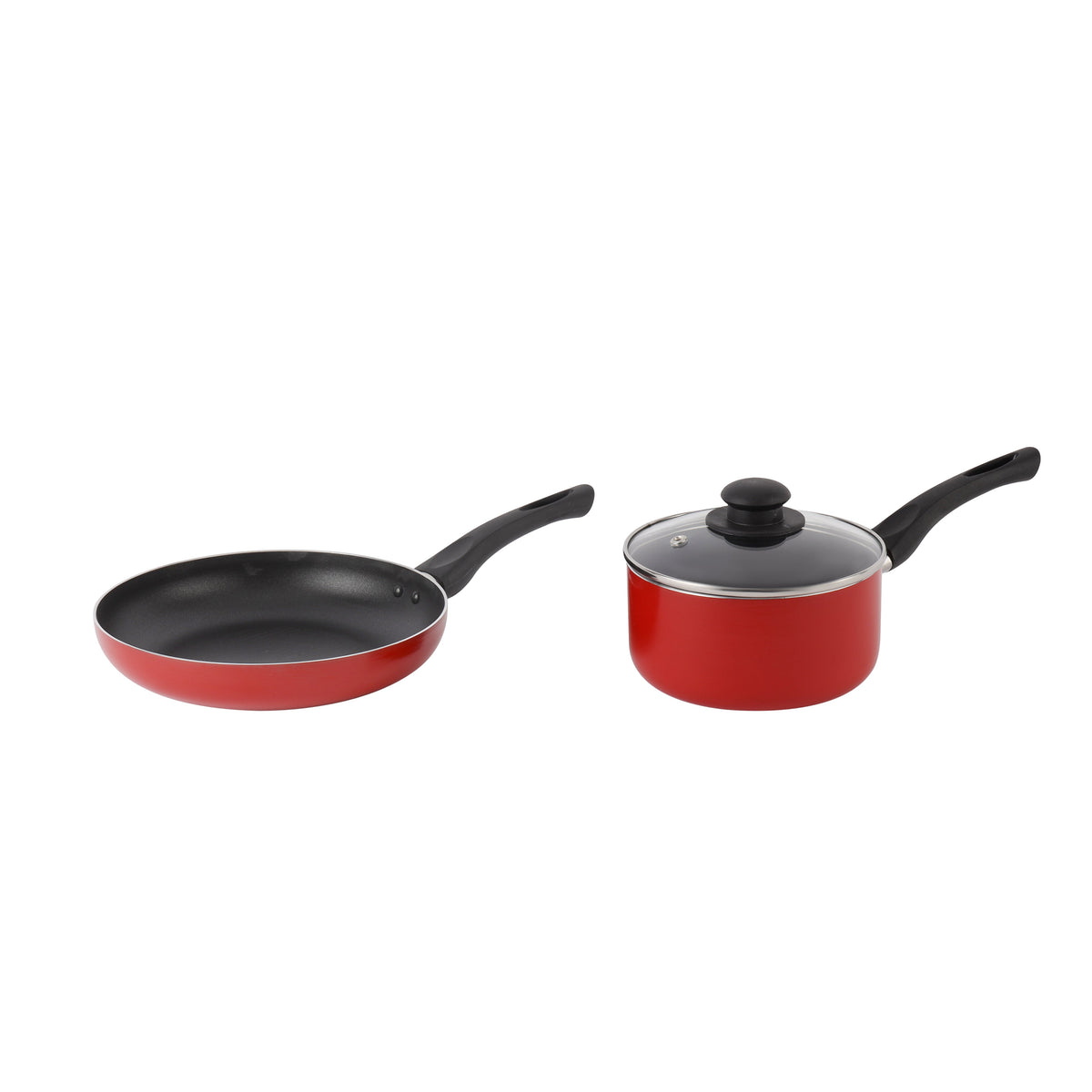 3-Piece Nonstick Cookware Set Aluminum | Saucepan with Lid & Frypan | Durable Non-Stick Coating, Heat-Resistant Bakelite Handles | Gas, Ceramic, Halogen & Hot Plate Compatible | Red