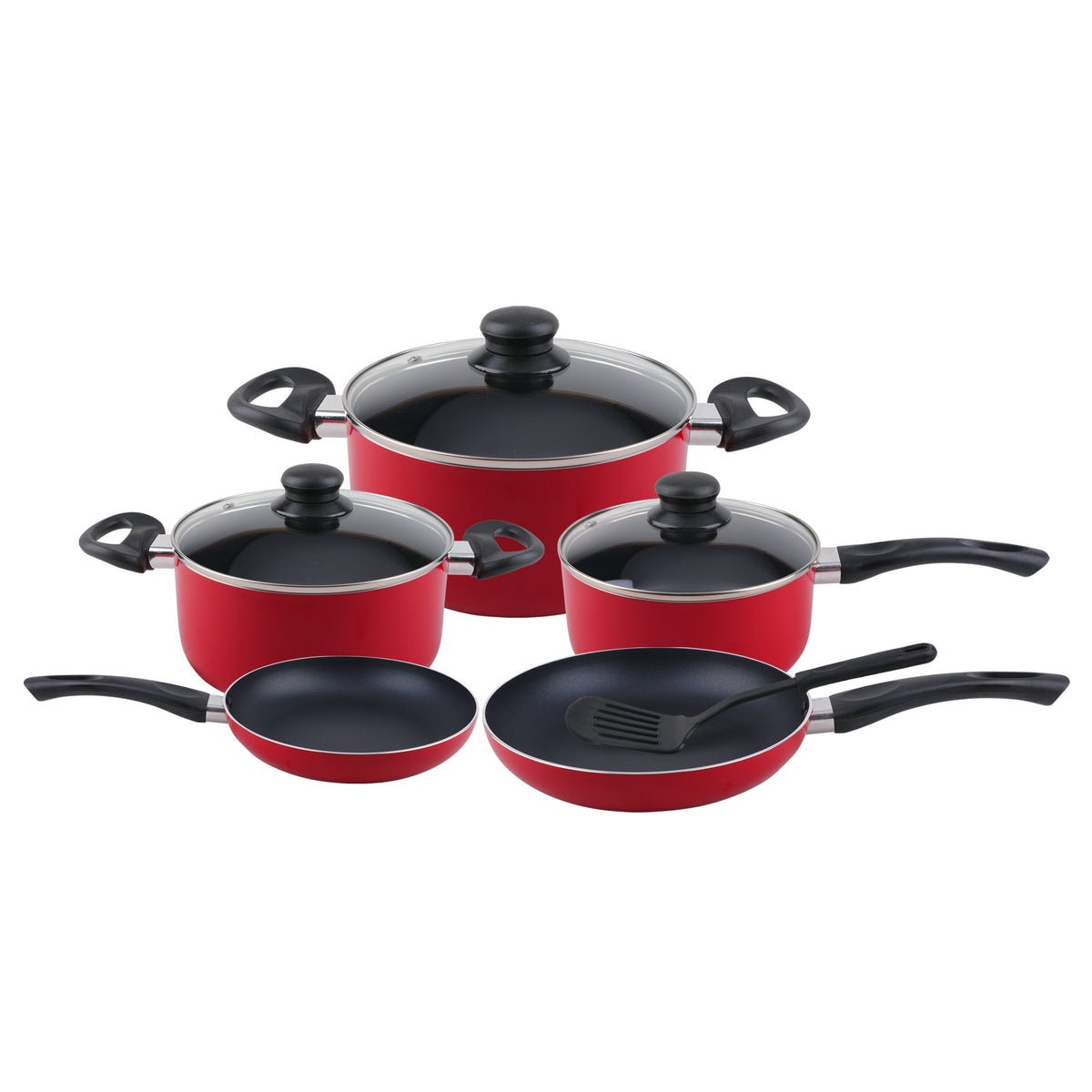 9-Piece Non-Stick Cookware Set– Aluminum Body with 3-Layer Non-Stick Coating, Glass Lids, Bakelite Handles, Dishwasher Safe (Red)