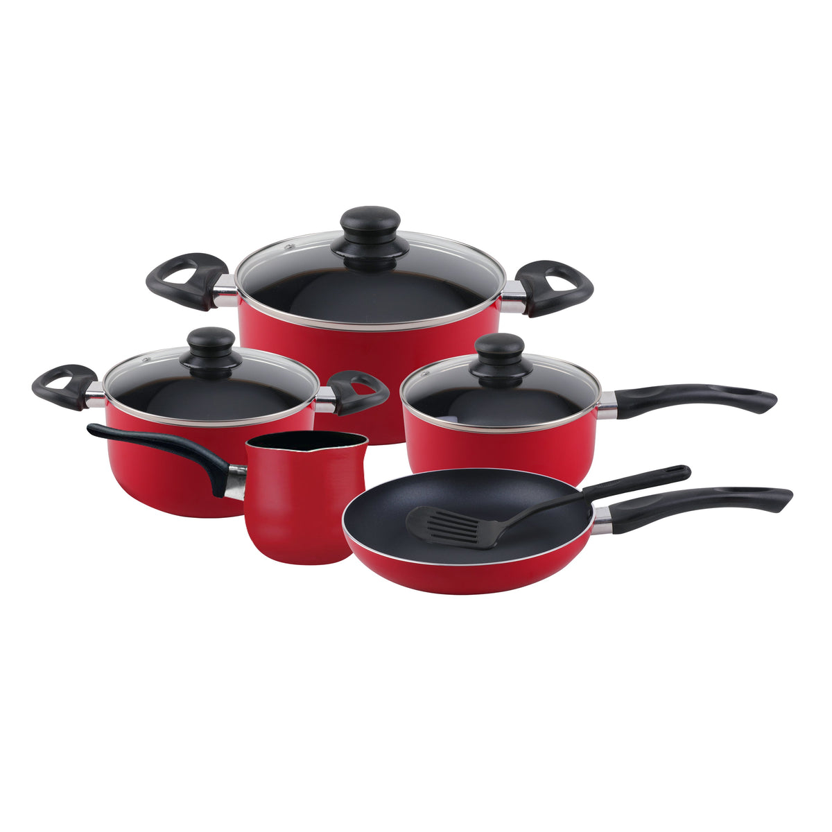 9-Piece Non-Stick Cookware Set Aluminum | 3-Layer PFOA-Free Non-Stick Coating with CD Bottom | Sturdy Bakelite Handle, Casserole, Saucepan, Fry Pan, Coffee Warmer, Glass Lids & Nylon Turner | Dishwasher-Safe | Red Red