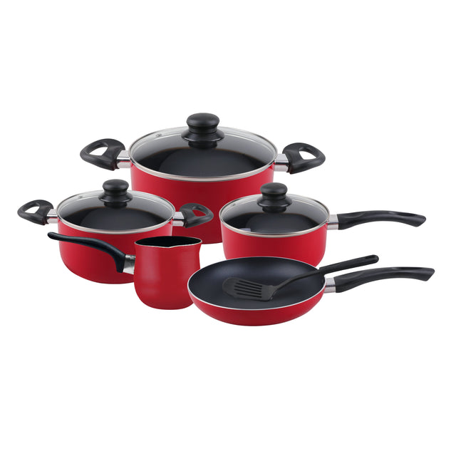 9-Piece Non-Stick Cookware Set Aluminum | 3-Layer PFOA-Free Non-Stick Coating with CD Bottom | Sturdy Bakelite Handle, Casserole, Saucepan, Fry Pan, Coffee Warmer, Glass Lids & Nylon Turner | Dishwasher-Safe | Red Red