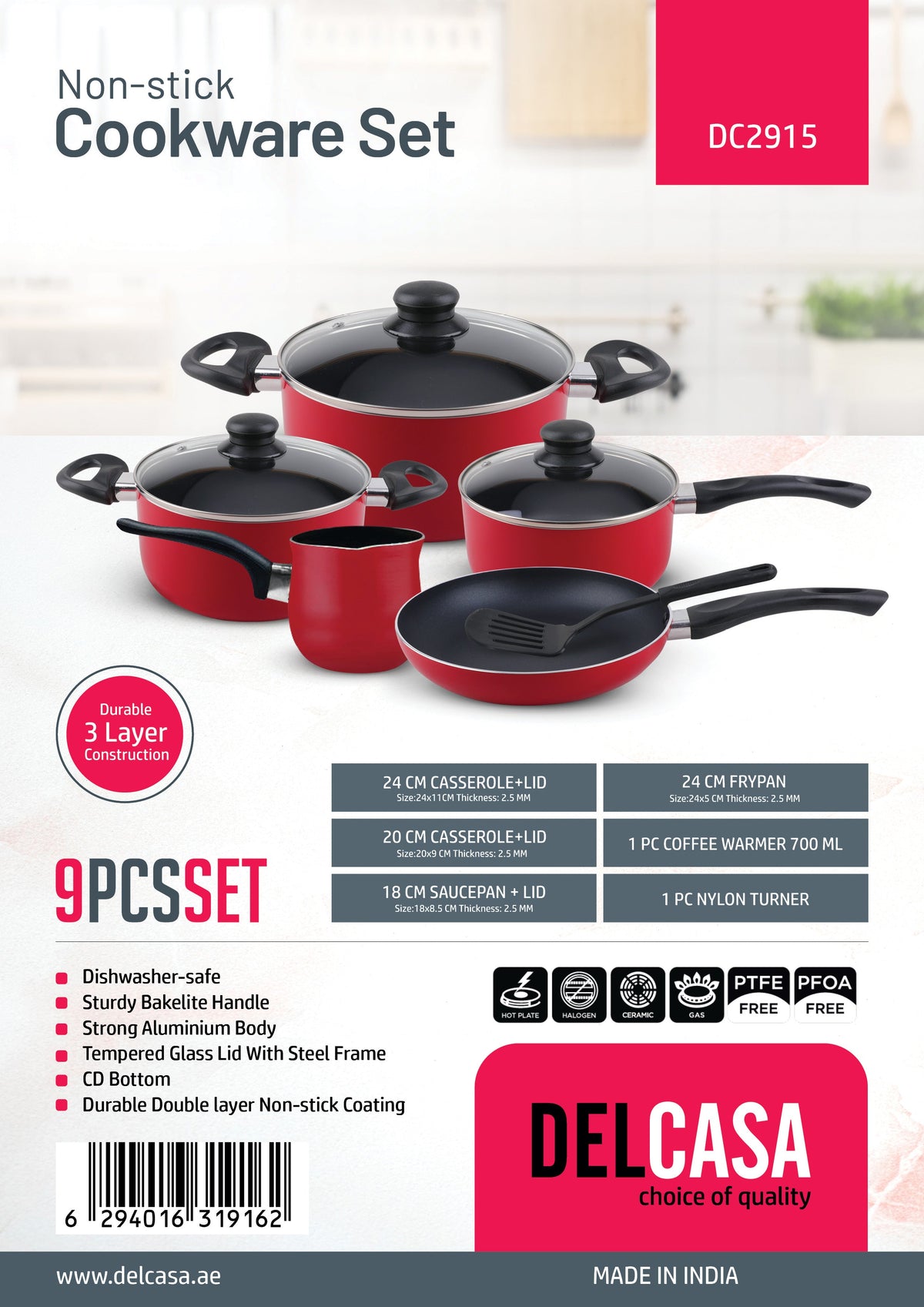 9-Piece Non-Stick Cookware Set Aluminum | 3-Layer PFOA-Free Non-Stick Coating with CD Bottom | Sturdy Bakelite Handle, Casserole, Saucepan, Fry Pan, Coffee Warmer, Glass Lids & Nylon Turner | Dishwasher-Safe | Red Red