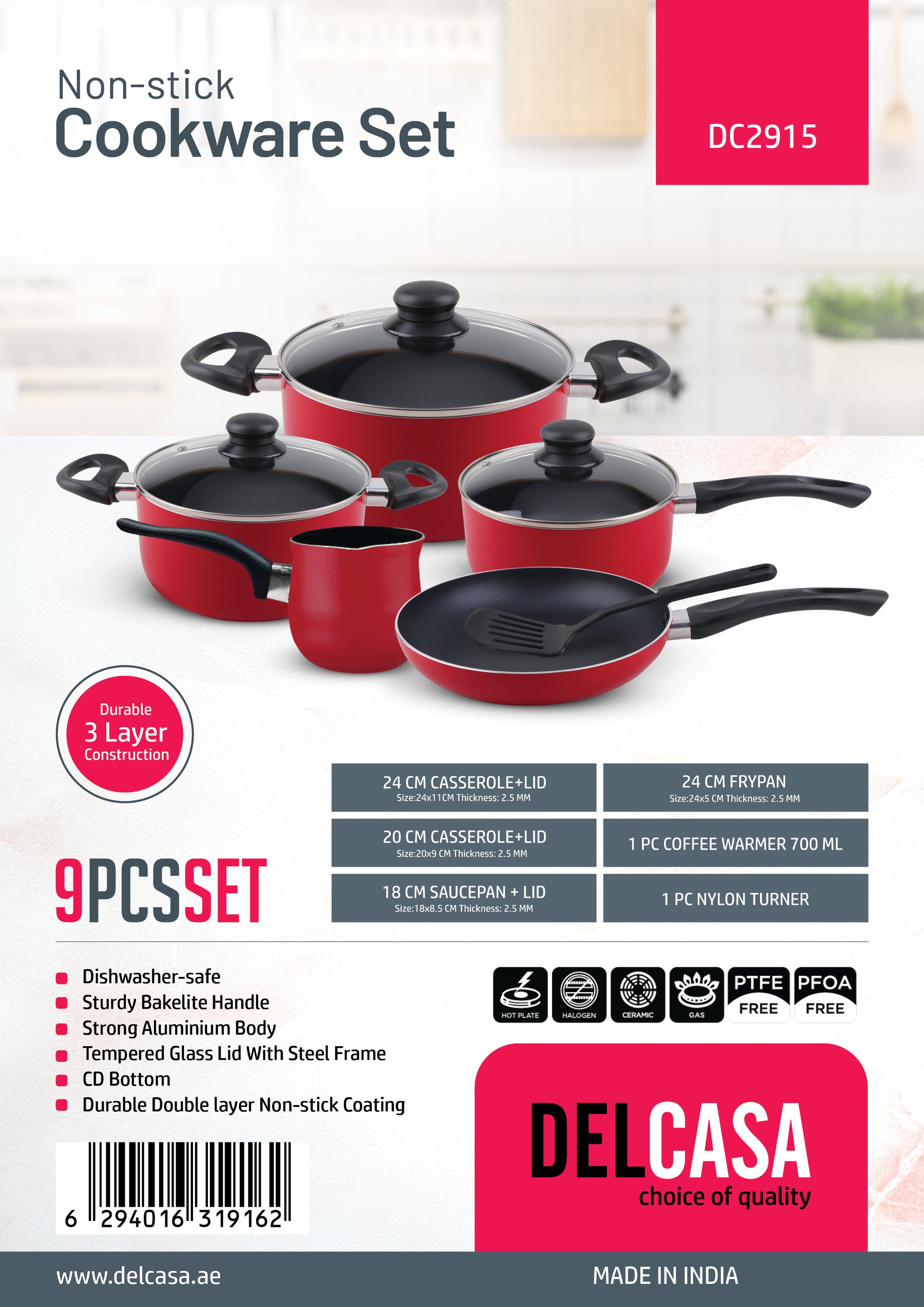 9-Piece Non-Stick Cookware Set Aluminum | 3-Layer PFOA-Free Non-Stick Coating with CD Bottom | Sturdy Bakelite Handle, Casserole, Saucepan, Fry Pan, Coffee Warmer, Glass Lids & Nylon Turner | Dishwasher-Safe | Red Red
