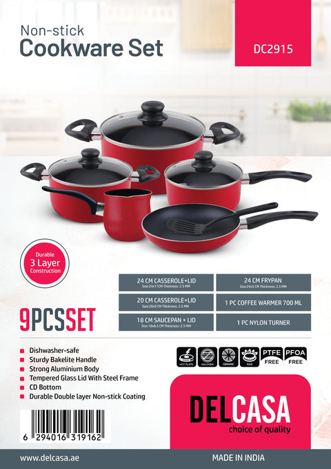 9-Piece Non-Stick Cookware Set Aluminum | 3-Layer PFOA-Free Non-Stick Coating with CD Bottom | Sturdy Bakelite Handle, Casserole, Saucepan, Fry Pan, Coffee Warmer, Glass Lids & Nylon Turner | Dishwasher-Safe | Red Red