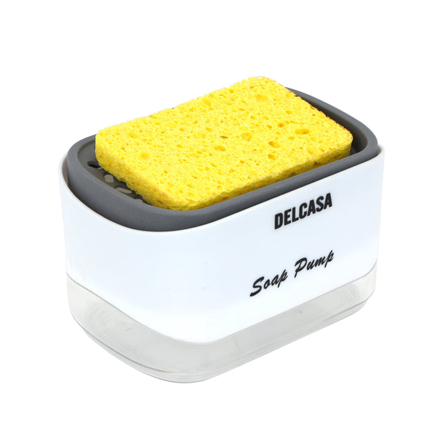 Delcasa 385 ml Soap Dispenser with Sponge Scrubber-DC3100/ Versatile Refillable Dispenser for Liquid Soap/ 2-in-1 Innovative Design with Scrubber Holder, One Hand Use/ White