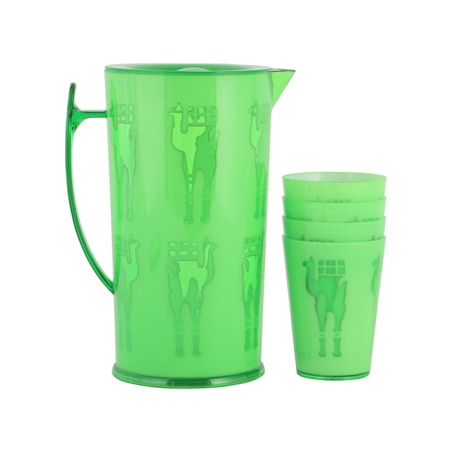 5-Piece Plastic Drink Set 2400ml Water Jug with Lid & 4 Drinking Glasses | Food Grade BPA-Free Beverage Serving Set | Unbreakable Juice, Water, Milk & Squash Pitcher Set | Green