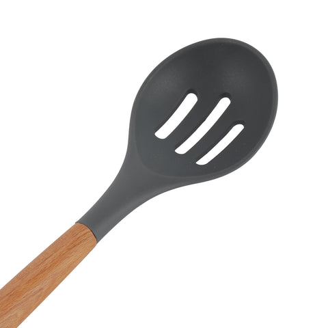 Delcasa Silicone Slotted Spoon- DC3178/ Ideal for Serving Main Dish, Straining Pasta or Vegetables/ Deep Spoon with Comfortable Wooden Handle/ Perfect for Non-Stick Cookware, Elegant and Lightweight Design, Foodgrade/ Black and Brown