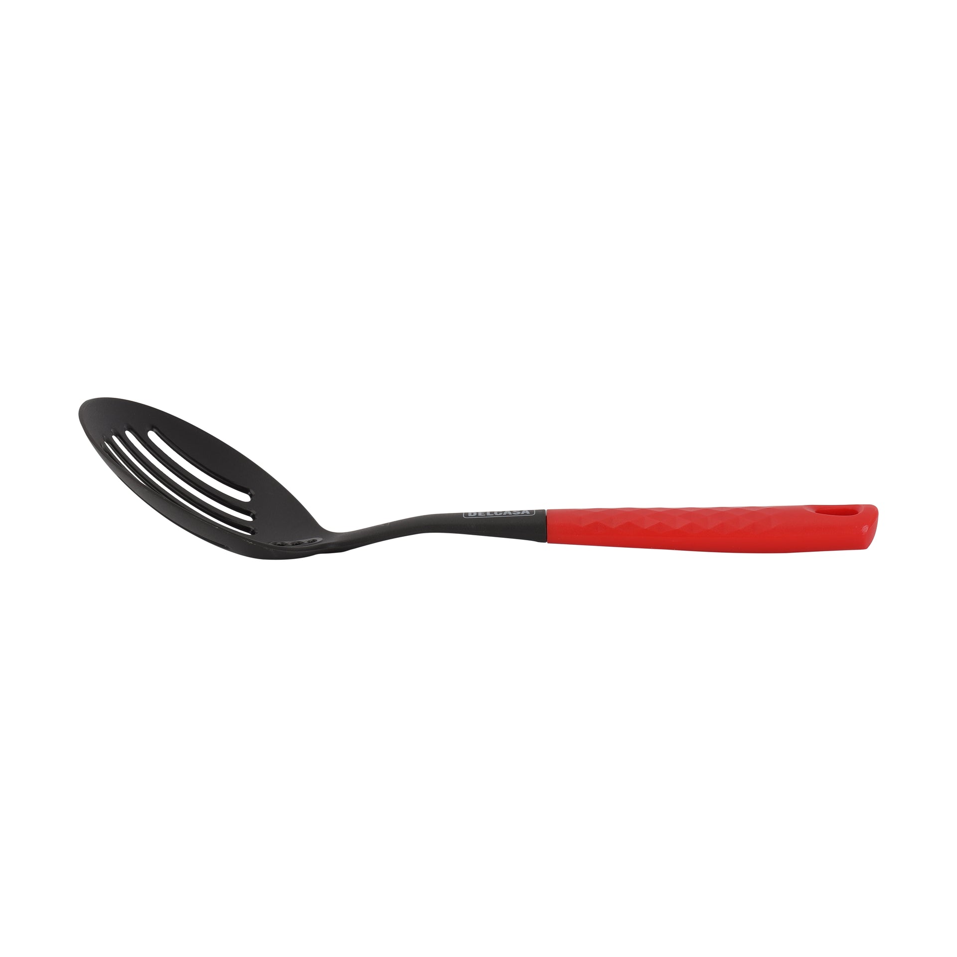 Delcasa Nylon Skimmer- DC3225/ with Stylish Long Diamond Finish Handle, Ideal for Cooking, Drain and Serving Food/ Food-Grade, Elegant and Lightweight Design/ Black and Red