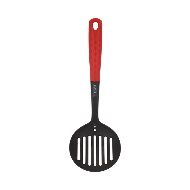 Delcasa Nylon Skimmer- DC3225/ with Stylish Long Diamond Finish Handle, Ideal for Cooking, Drain and Serving Food/ Food-Grade, Elegant and Lightweight Design/ Black and Red