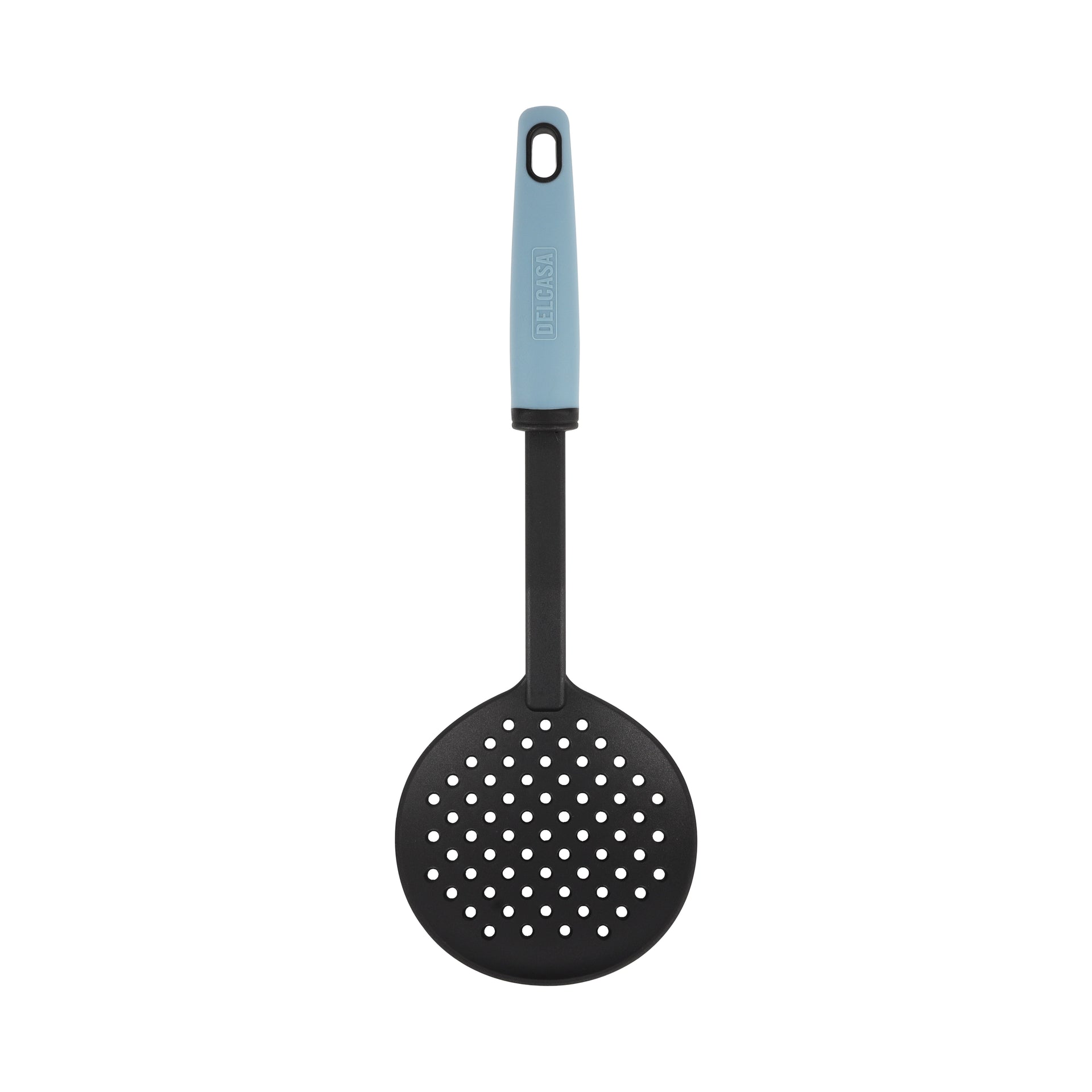 Delcasa Nylon Skimmer- DC3365/ with Stylish Long PP Handle, Ideal for Cooking, Drain and Serving Food/ Food-Grade, Elegant and Lightweight Design/ Black and Blue