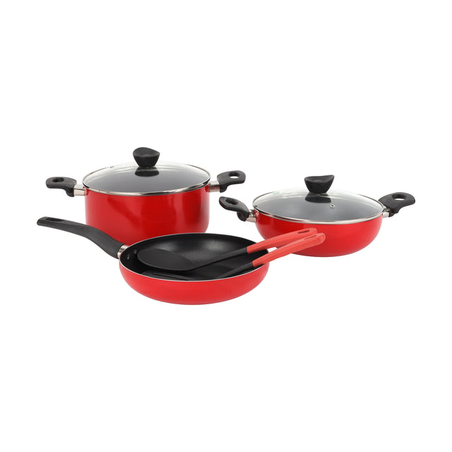 7-Piece Non-Stick Cookware Set | Aluminum Cookware with Tempered Glass Lids, Casserole, Wok Pan, Fry Pan & Nylon Tools | 3-Layer Durable Nonstick Coating, Heat-Resistant Handles, Red