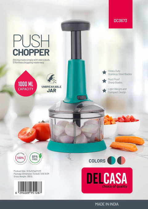 Delcasa Hand Push Chopper- DC3673/ 1000 ml, Compact Chopping Machine with Stainless Steel Blades/ Anti-Skid Base and Handle, Suitable for Vegetables and Fruits, Quick Manual Mechanism/ Detachable Body Parts for Easy Cleaning/ Blue and Grey
