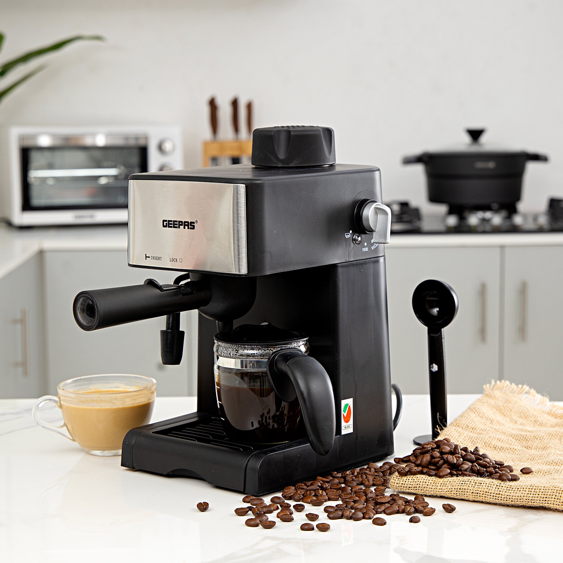 Geepas 240mlCappuccino Maker 800W – 4 Cup Stainless Steel Filters, Aluminium Alloy Boiler, Over Pressure Protected, Indicator OnOff Lights, 2 Cup Dispense, Detachable Drip Tray | 2 Years Warranty