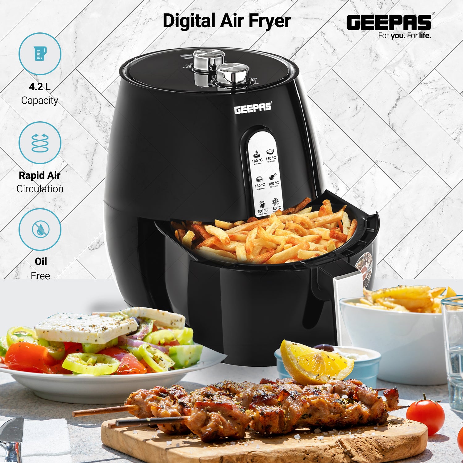 Digital Air Fryer With Vortx Air Frying Technology Oil-Free Cooking 4.5 L 1600 W GAF37517N Black/Silver