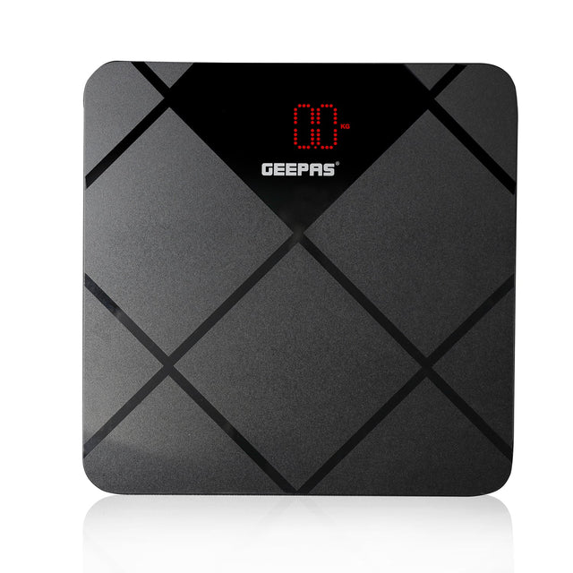 Geepas Digital Body Scale With Digital Display, Max Weight 180 Kgs, 6 MM Tempered Glass, Anti-Slip Design, Red Lattice LED, Auto On-Off, High Precision Strain Gauge Sensor GBS46523UK Grey & black