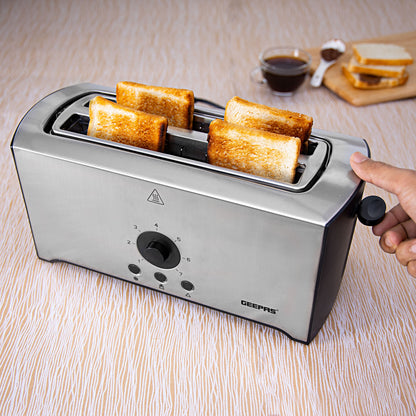 Geepas GBT6153 4 Slice Toaster Stainless Steel - Bread Toaster High Lift Function Reheat/Cancel/Defrost Function & Removable Crumb Tray Lift & Lock Function, Wide 4 Slots | 2 Year Warranty