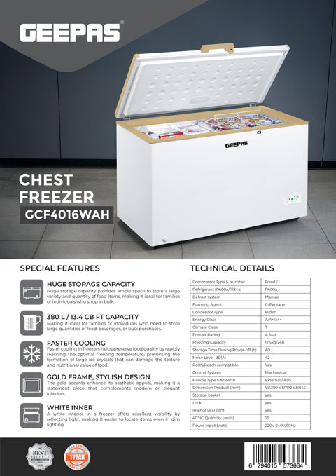 Chest Freezer with 380L Capacity, Faster Cooling System, White Inner Finish, Hidden Compressor, and R600a Refrigerant 50.41 kg 180 W GCF4016WAH White