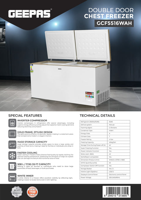 Double Door Chest Freezer with 508L (17.90 cu ft) Storage Capacity, Faster Cooling System, and Gold Frame 240 W GCF5516WAH White