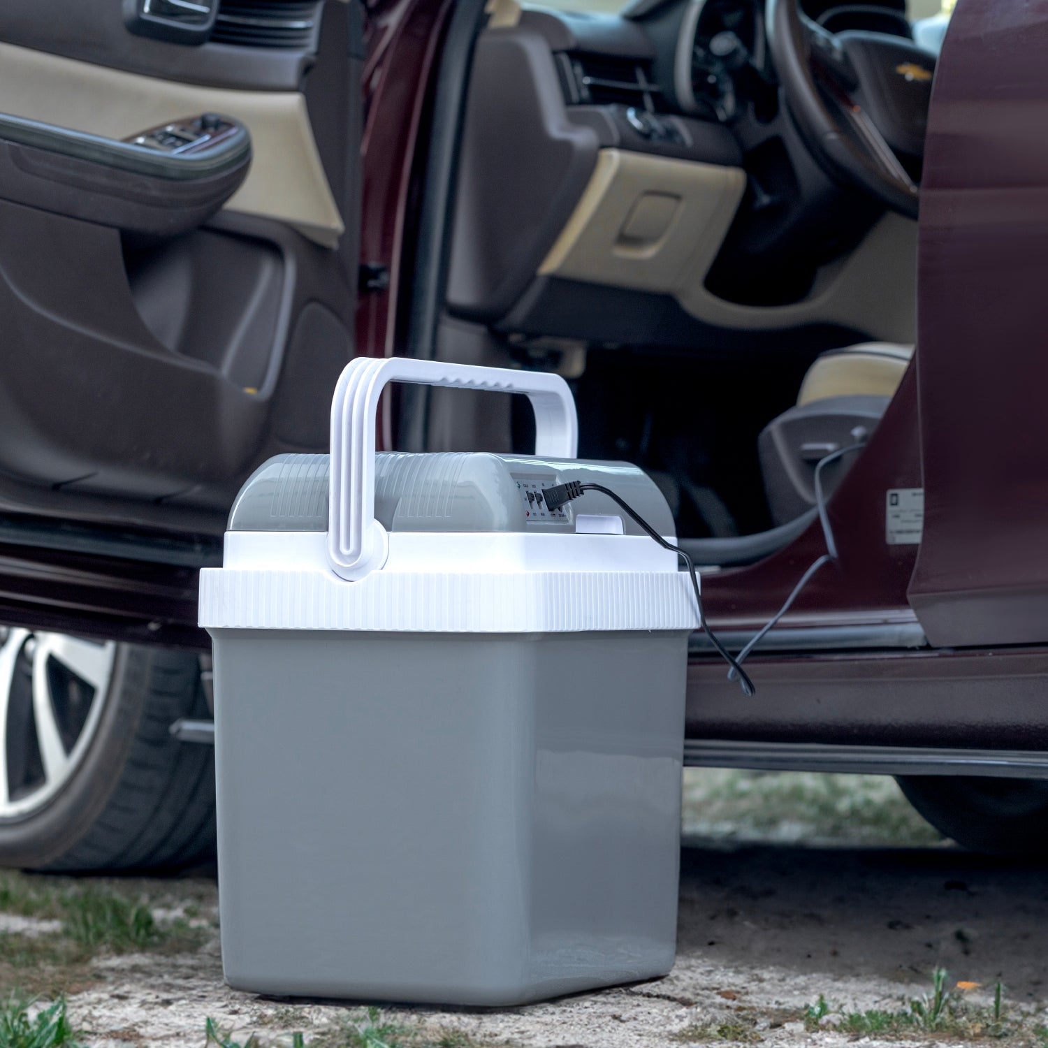 Hot & Cold Car Fridge with AC/DC Working Mode, Suitable for Car and Home Use, Easy to Carry Portable Refrigerator with Durable PP Material Construction GCF63062 Grey & white