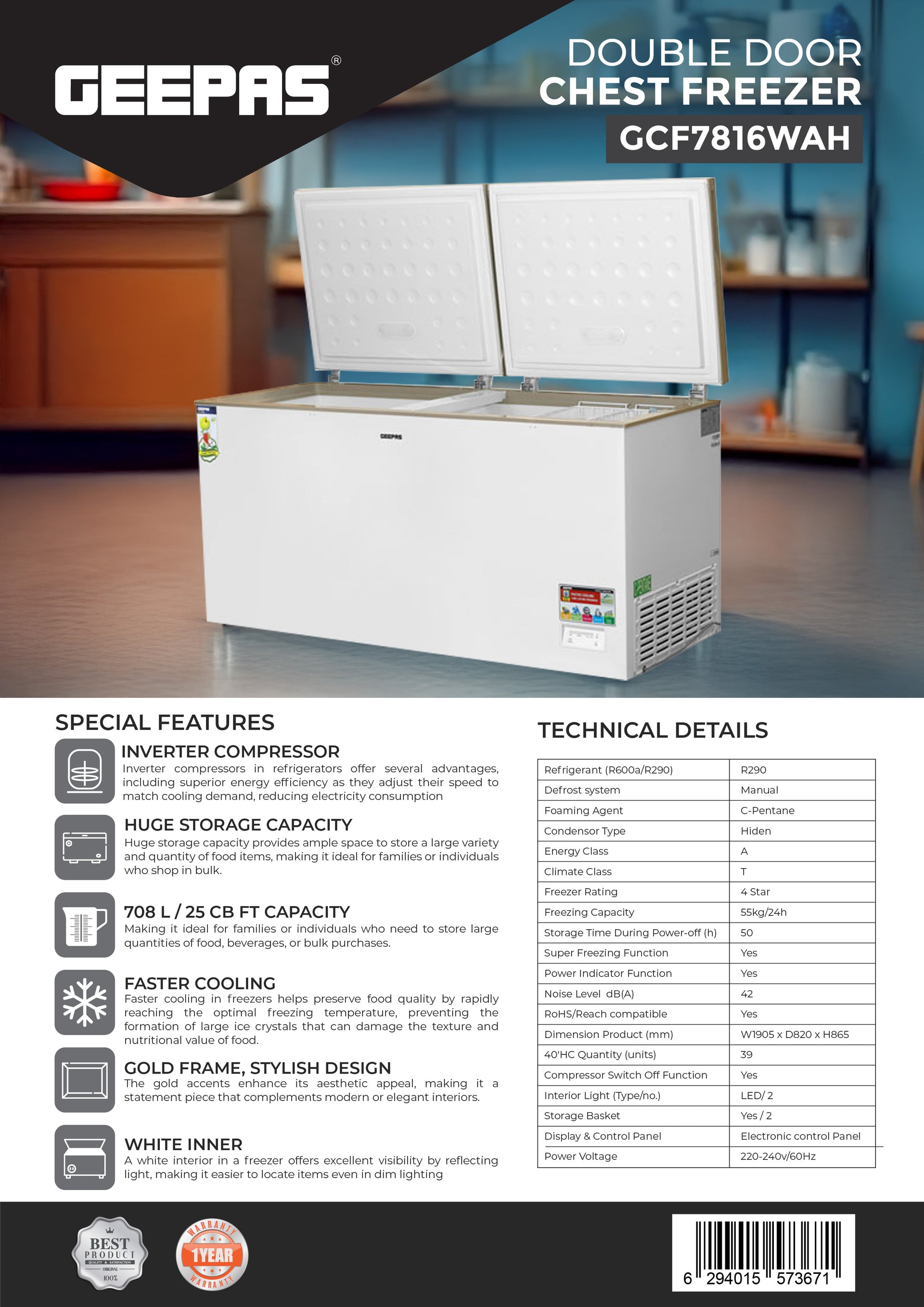 Double Door Chest Freezer, 708L (25.0 Cubic Feet) Storage, Faster Cooling, Gold Frame, White Interior, Hidden Compressor 240 W GCF7816WAH White/Golden