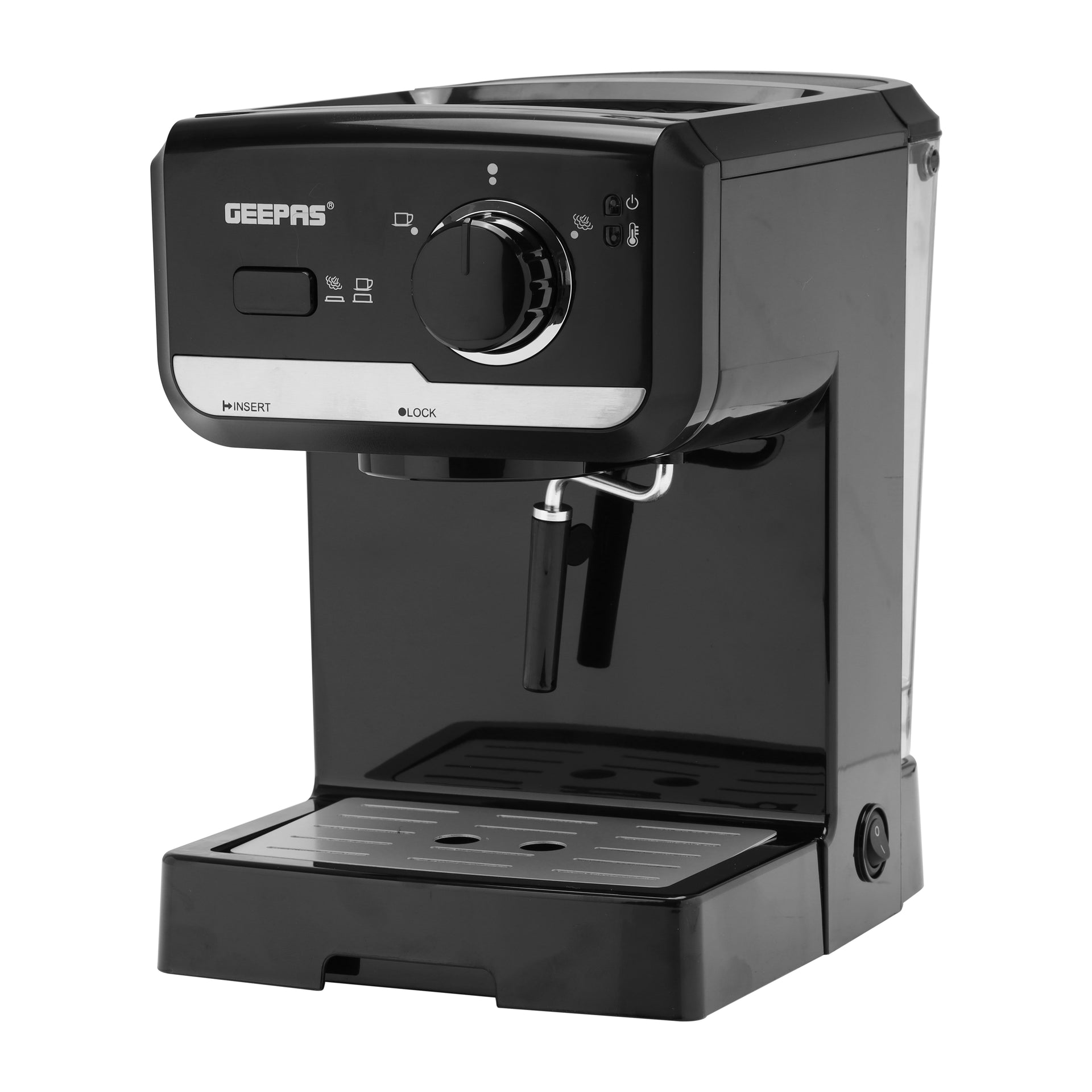 Geepas Gcm41507 1.25L Cappuccino Maker 1140W - 15 Bar Power Brewing Pump, Dual Stainless Steel Filters | 2 Years Warranty, Black
