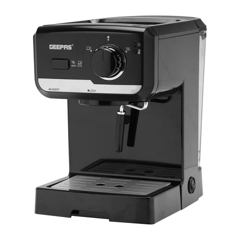 Geepas Gcm41507 1.25L Cappuccino Maker 1140W - 15 Bar Power Brewing Pump, Dual Stainless Steel Filters | 2 Years Warranty, Black