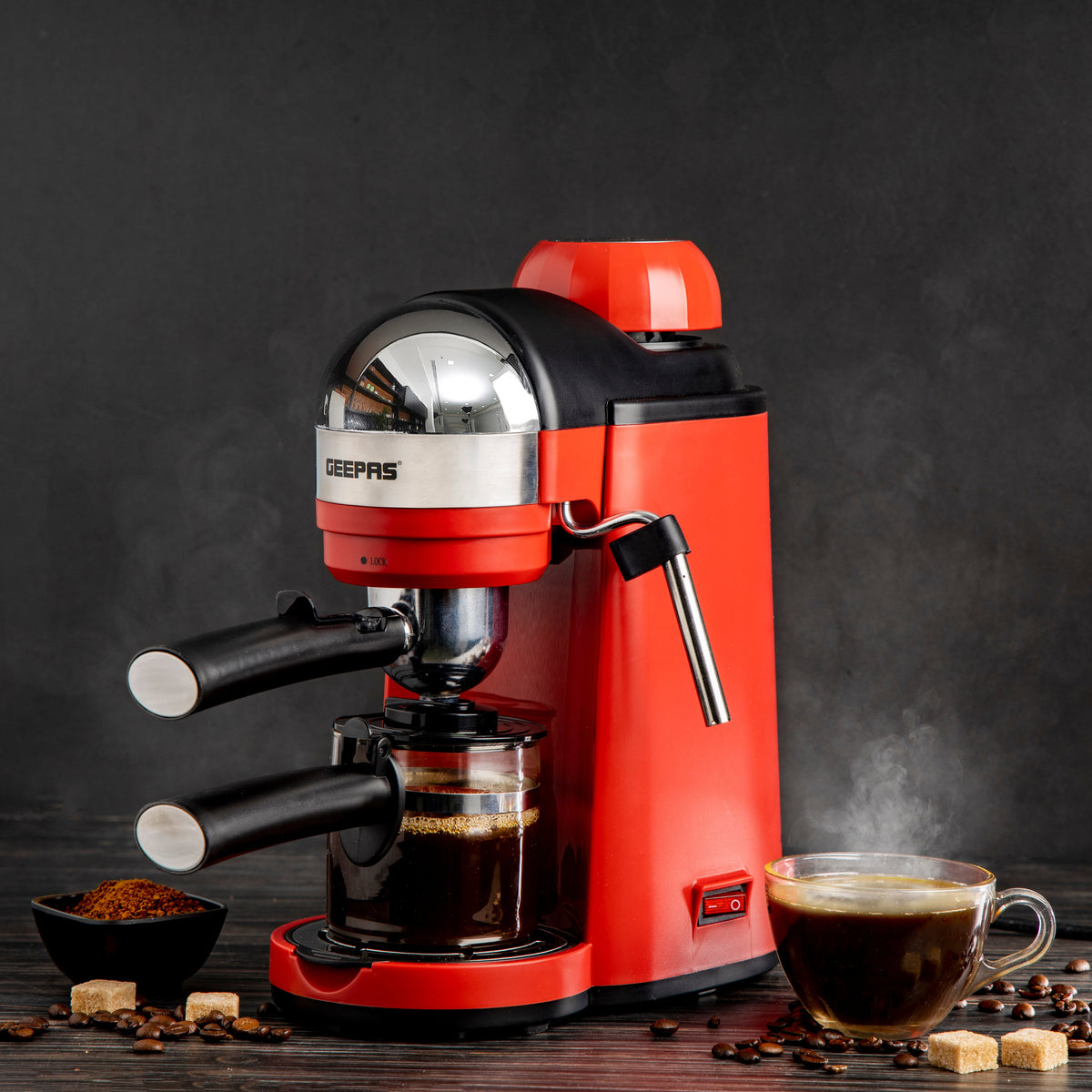 Espresso Coffee Maker with Stainless Steel Filter, Aluminum Die-Casting Filter Holder, 5 Bar High Pressure Pump, and On/Off Light Indicator 0.24 L GCM41513 Red