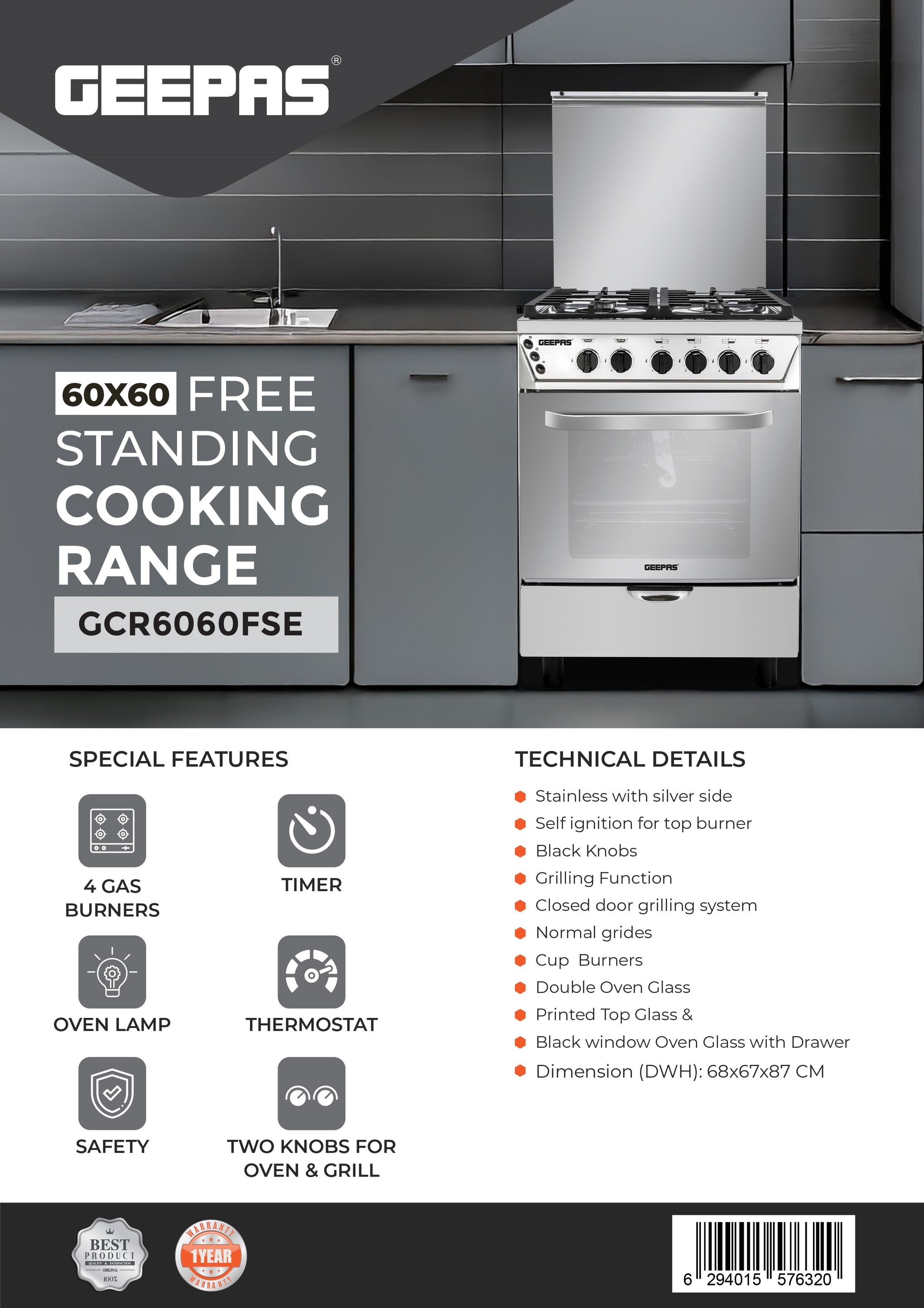 60x60 Free Standing Cooking Range: 4 Burners, Auto Ignition, Grilling, Oven Lamp, & Transparent Glass Top GCR6060FSE Silver