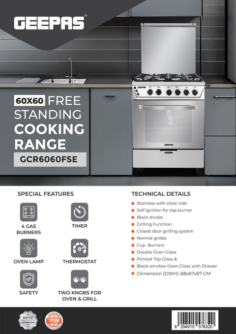 60x60 Free Standing Cooking Range: 4 Burners, Auto Ignition, Grilling, Oven Lamp, & Transparent Glass Top GCR6060FSE Silver