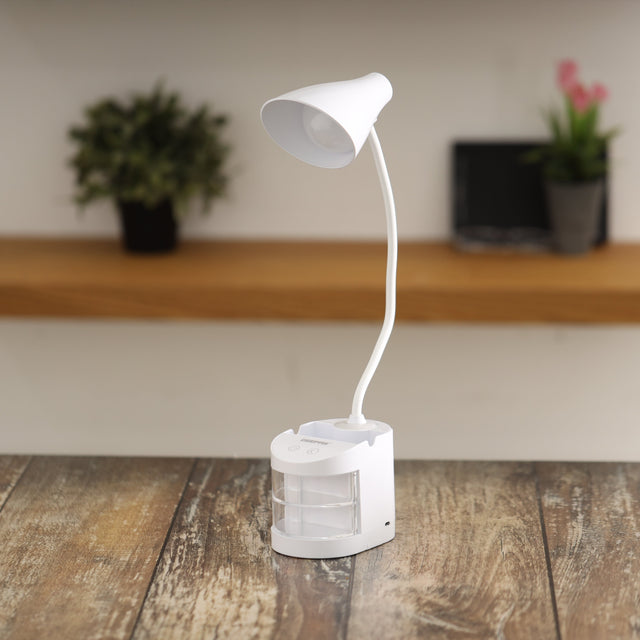 Rechargeable Reading Lamp/Table Lamp with Pencil Vase, Clear Storage Box, Adjustable Silicone Tube, Lithium Battery, GDL53039 White