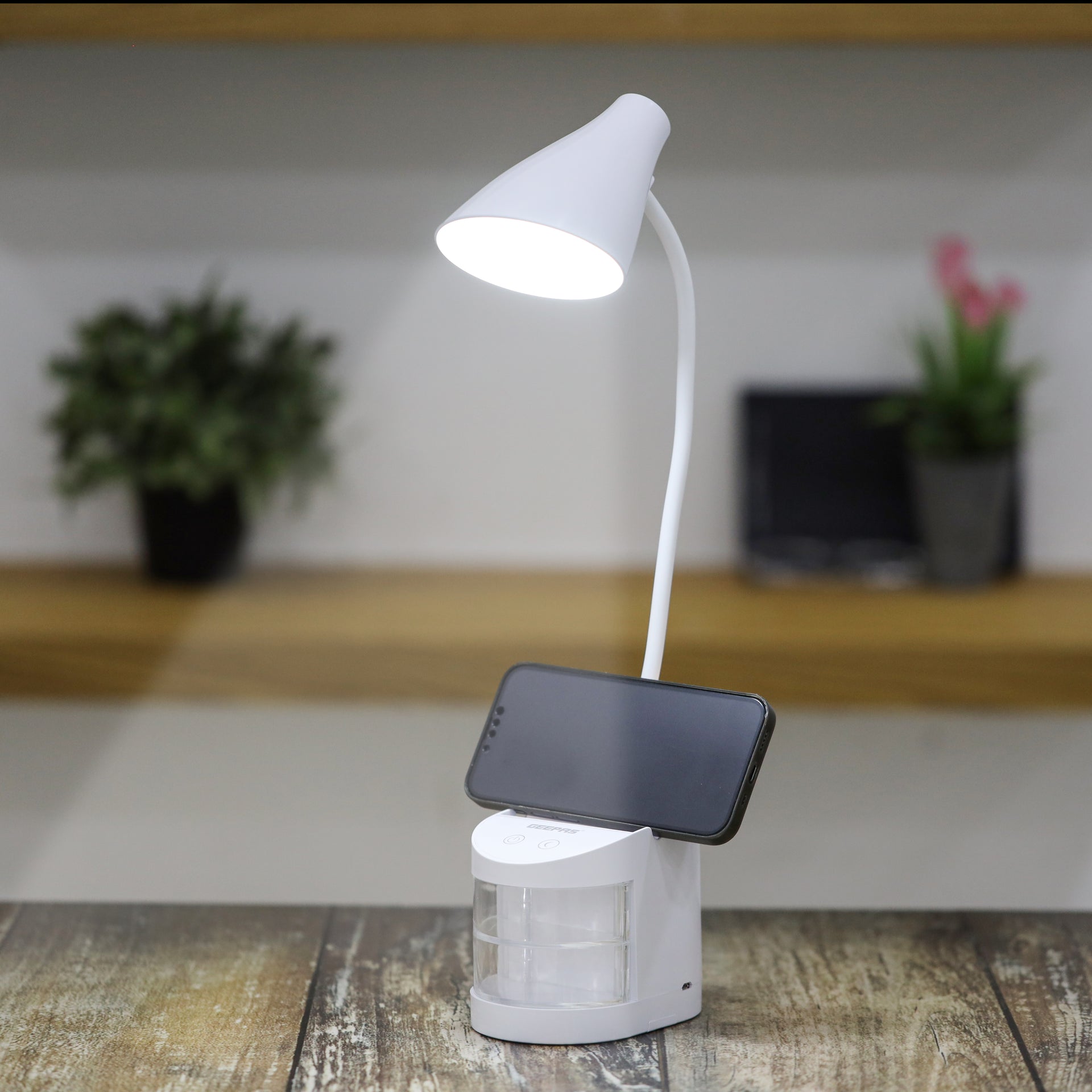 Rechargeable Reading Lamp/Table Lamp with Pencil Vase, Clear Storage Box, Adjustable Silicone Tube, Lithium Battery, GDL53039 White