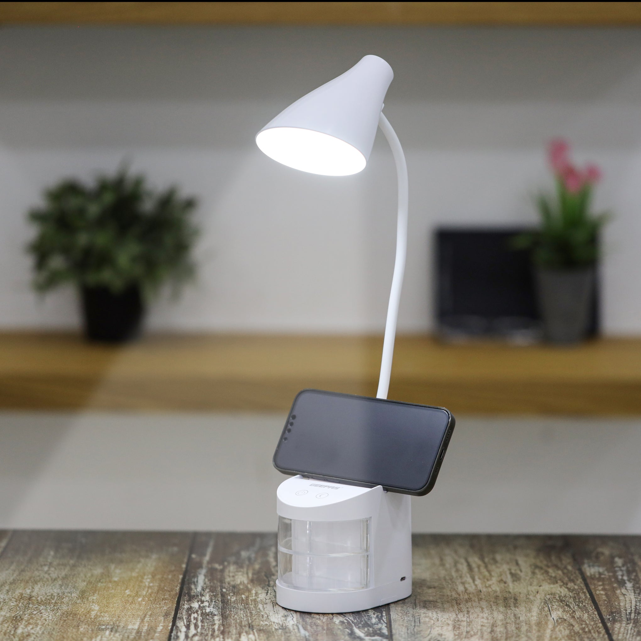 Rechargeable Reading Lamp/Table Lamp with Pencil Vase, Clear Storage Box, Adjustable Silicone Tube, Lithium Battery, GDL53039 White