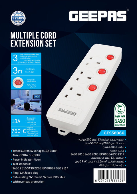 Geepas 3-way Extension Socket with Individual Switches Fire Proof Protection/ 3-meter Cord, Ideal for Home, Office 3meter