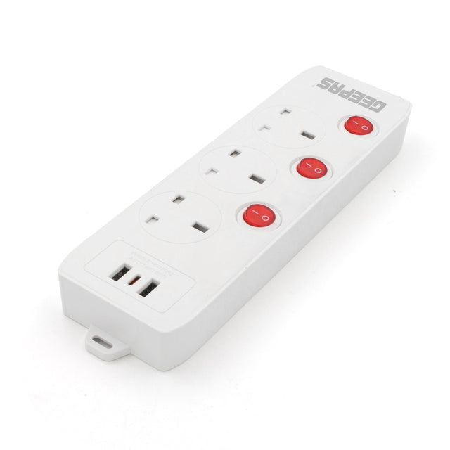 Geepas 3-way Extension Socket with Individual Switches  2 Way USB Ports, with Fire Proof Protection/ 3-meter Cord