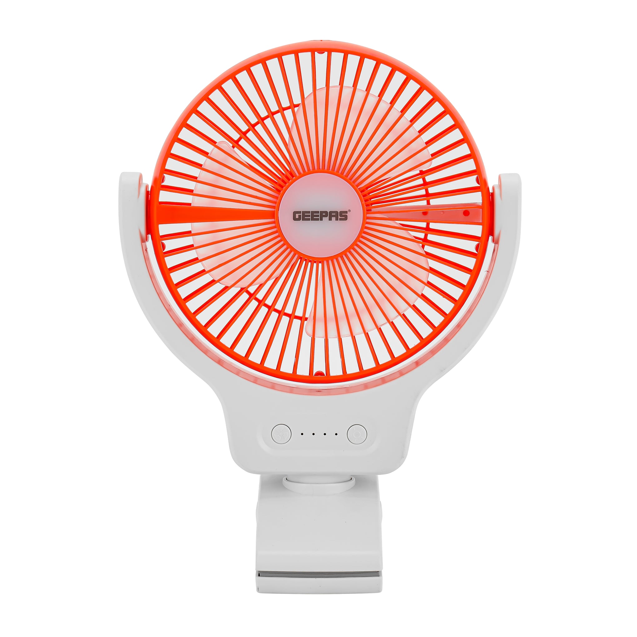8 Inch Multi Angle LED Clip Fan, 9 Hours Working Time, AC/DC Function, 1500 mAh Lithium Battery, Two Level LED, Up/Down Tilting, Charging Indicator, Full Charged Indicator, Working Indicator GF21121 Orange & white