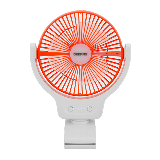 8 Inch Multi Angle LED Clip Fan, 9 Hours Working Time, AC/DC Function, 1500 mAh Lithium Battery, Two Level LED, Up/Down Tilting, Charging Indicator, Full Charged Indicator, Working Indicator GF21121 Orange & white
