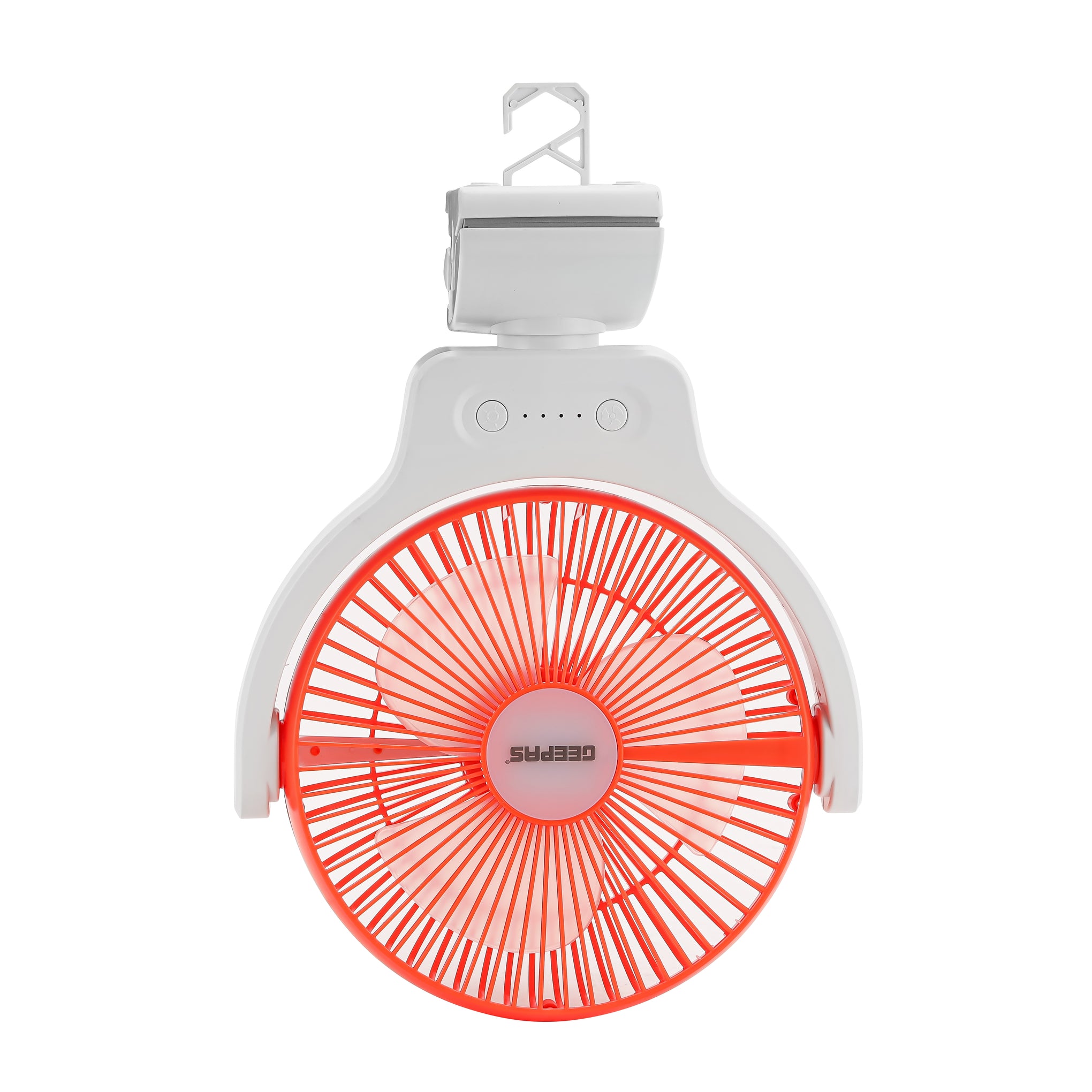 8 Inch Multi Angle LED Clip Fan, 9 Hours Working Time, AC/DC Function, 1500 mAh Lithium Battery, Two Level LED, Up/Down Tilting, Charging Indicator, Full Charged Indicator, Working Indicator GF21121 Orange & white