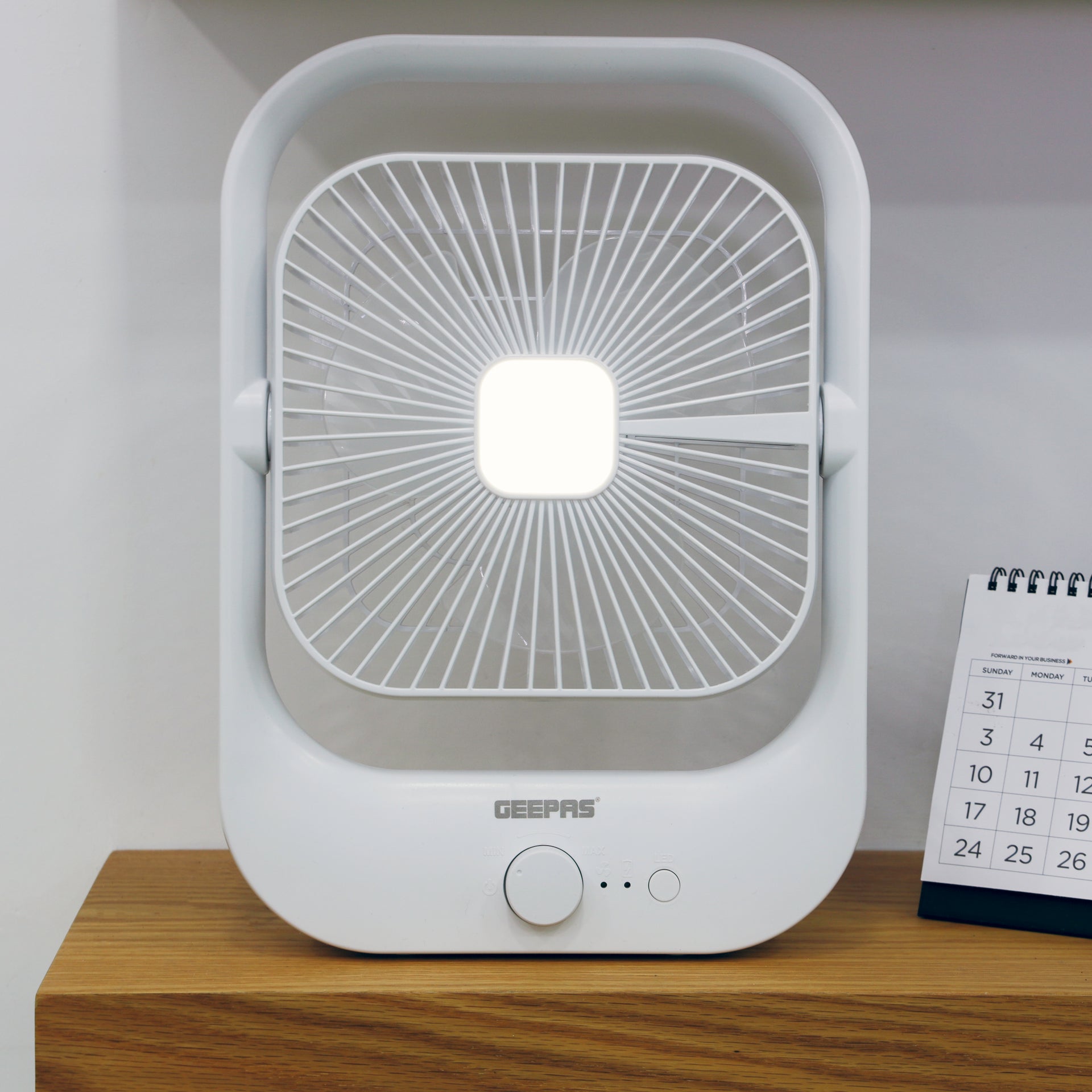 8" Rechargeable Fan with LED Light - Over-Charge Protection, 8 Hours Working, Step-Less Speed Control, Rechargeable Lithium Battery, Full-Charge Indicator GF21162 White