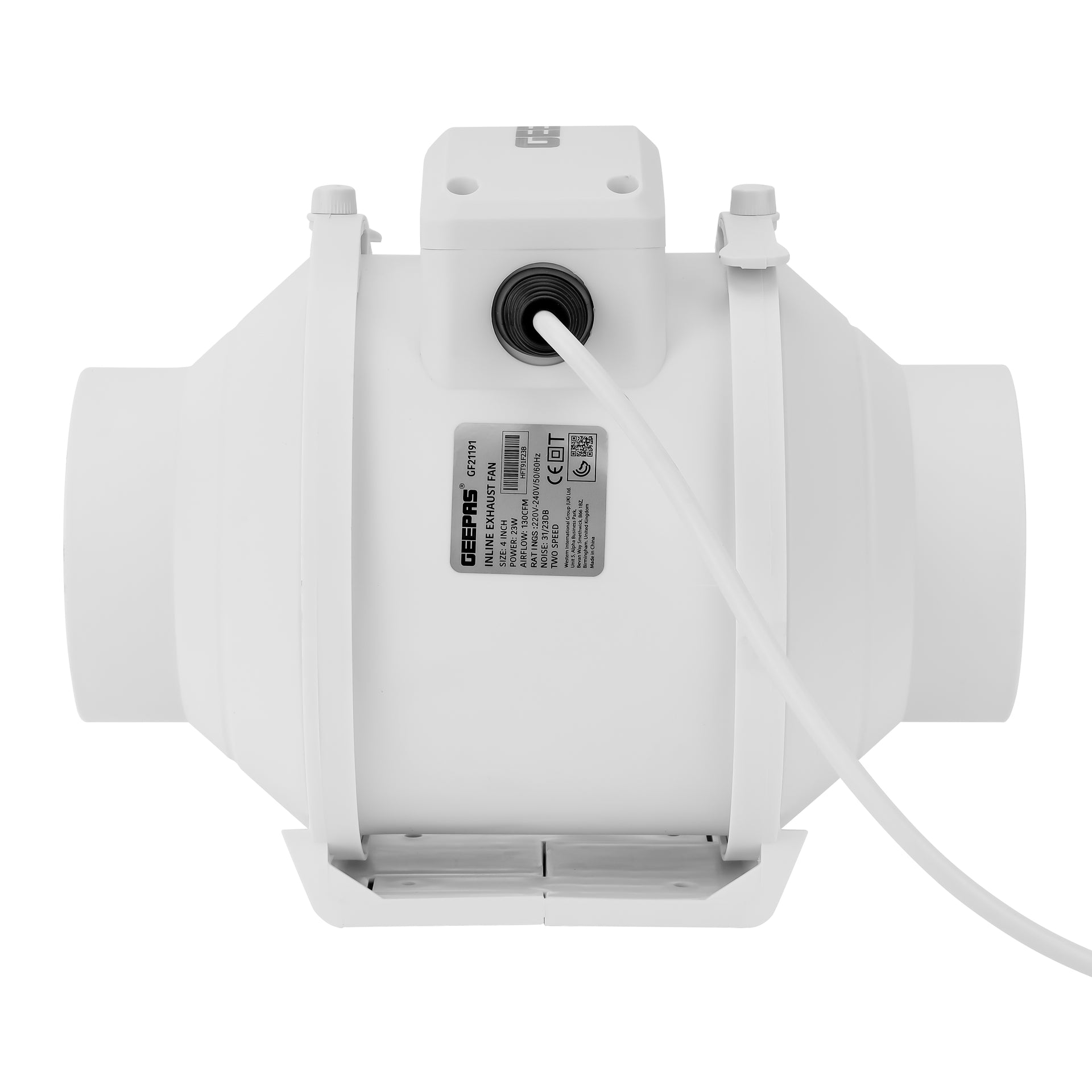 4” In Line Exhaust Fan With 2 Speed, 23W Power, Low Noise, 2660rpm Speed, Installed In Loft Or Roof Space, Overrun Timer Adjustable From 2-30 Minutes, 130CFM Airflow, Rust Free 23 W GF21191 White