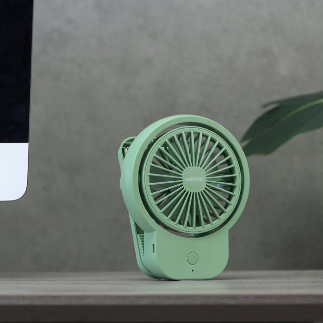 Geepas Mini Rechargeable Clip Fan- GF21221/ High Performance Fans with 3-Speed Controls, 8 Hours Runtime/ Type-C Charging, with Status Indicator, Perfect for Desktops, Headboards, Baby Strollers, Car Interiors, Kitchen Shelves/ 2 Years Warranty, Green