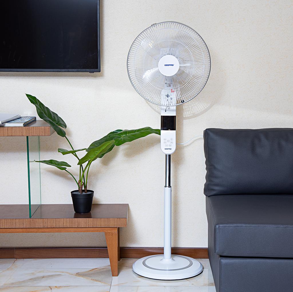 Geepas 16" Stand Fan With Remote Control 50W - 3 Speed, 5 Leaf Blade, AdjUStable Height & Tilt Setting With Led Display | Auto Off | 2 Years Warranty