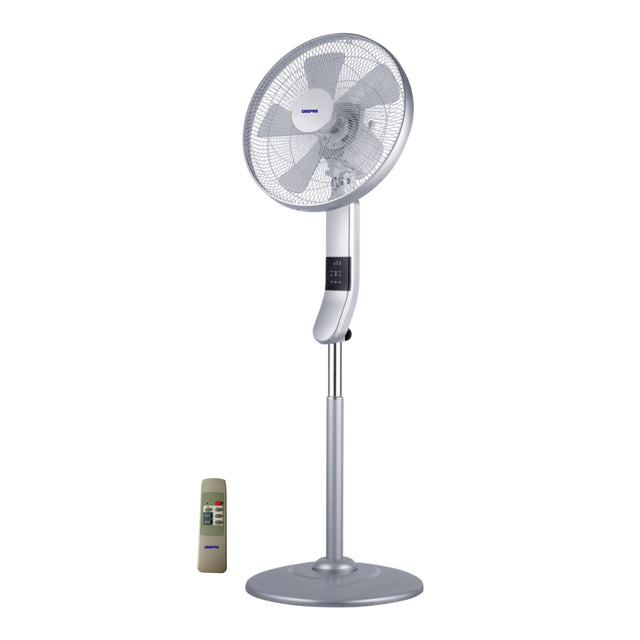 16-Inch Stand Fan with Remote Control – 55W, 3 Speed Settings, 5-Blade Design, LED Display, Adjustable Height & Tilt, 90° Oscillation, White