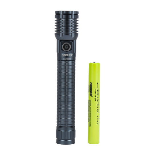 Geepas Zoomable LED Flashlight- GFL3803Z/ 25W Laser High-Power LEDs, Perfect for Indoor and Outdoor Use, 10 Hours Continuous Working/ with Aluminum Alloy Housing, Type C Charging/ Black, Limited Lifetime Warranty