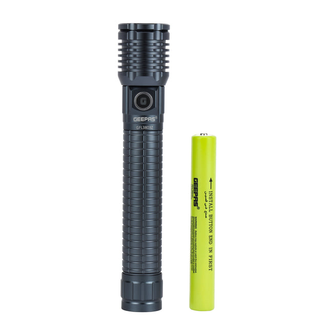 Geepas Zoomable LED Flashlight- GFL3803Z/ 25W Laser High-Power LEDs, Perfect for Indoor and Outdoor Use, 10 Hours Continuous Working/ with Aluminum Alloy Housing, Type C Charging/ Black, Limited Lifetime Warranty