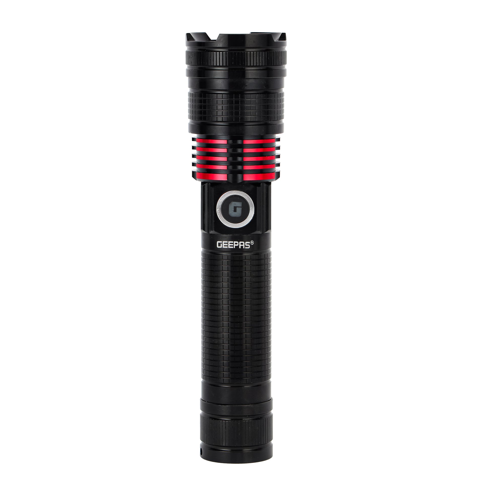 Geepas Rechargeable LED Flashlight- GFL4667/ Pack of 2, 15W, Perfect for Indoor and Outdoor Use, 5 Hours Continuous Working/ with Aluminum Housing, Lithium Battery/ Black, Lifetime Warranty