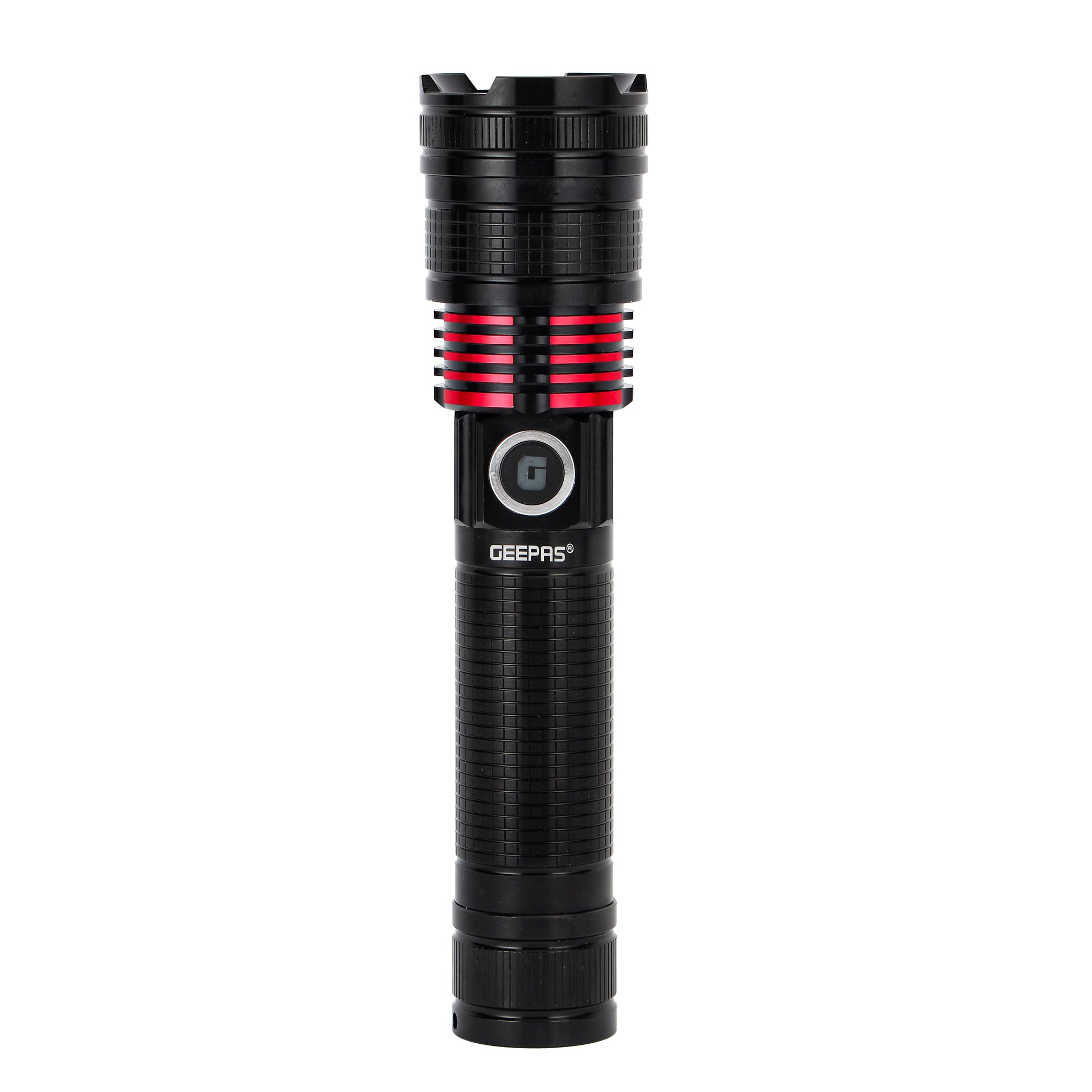 Geepas Rechargeable LED Flashlight- GFL4667/ Pack of 2, 15W, Perfect for Indoor and Outdoor Use, 5 Hours Continuous Working/ with Aluminum Housing, Lithium Battery/ Black, Lifetime Warranty